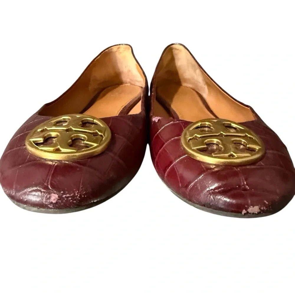 Tory Burch Burgundy Croc Embossed Leather Chelsea Ballet Flats Size 38.5 or‎ 8